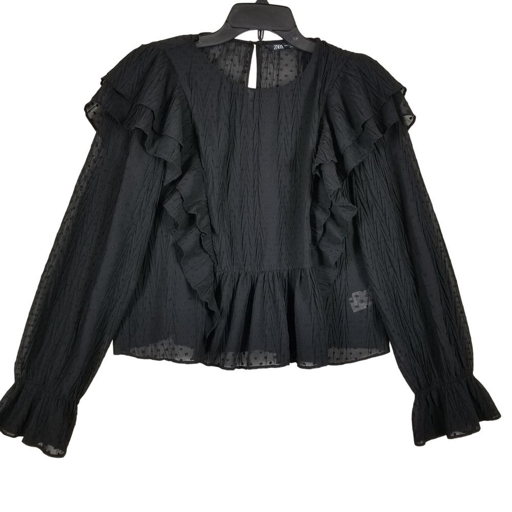 Zara Black Swiss Dot Ruffle Peplum Blouse Sheer Textured Long Sleeve Top Small